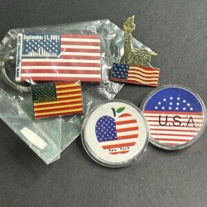 Vintage Lot of 5 Patriotic Pins Buttons Keychain New York NYC 9/11 Flag USA